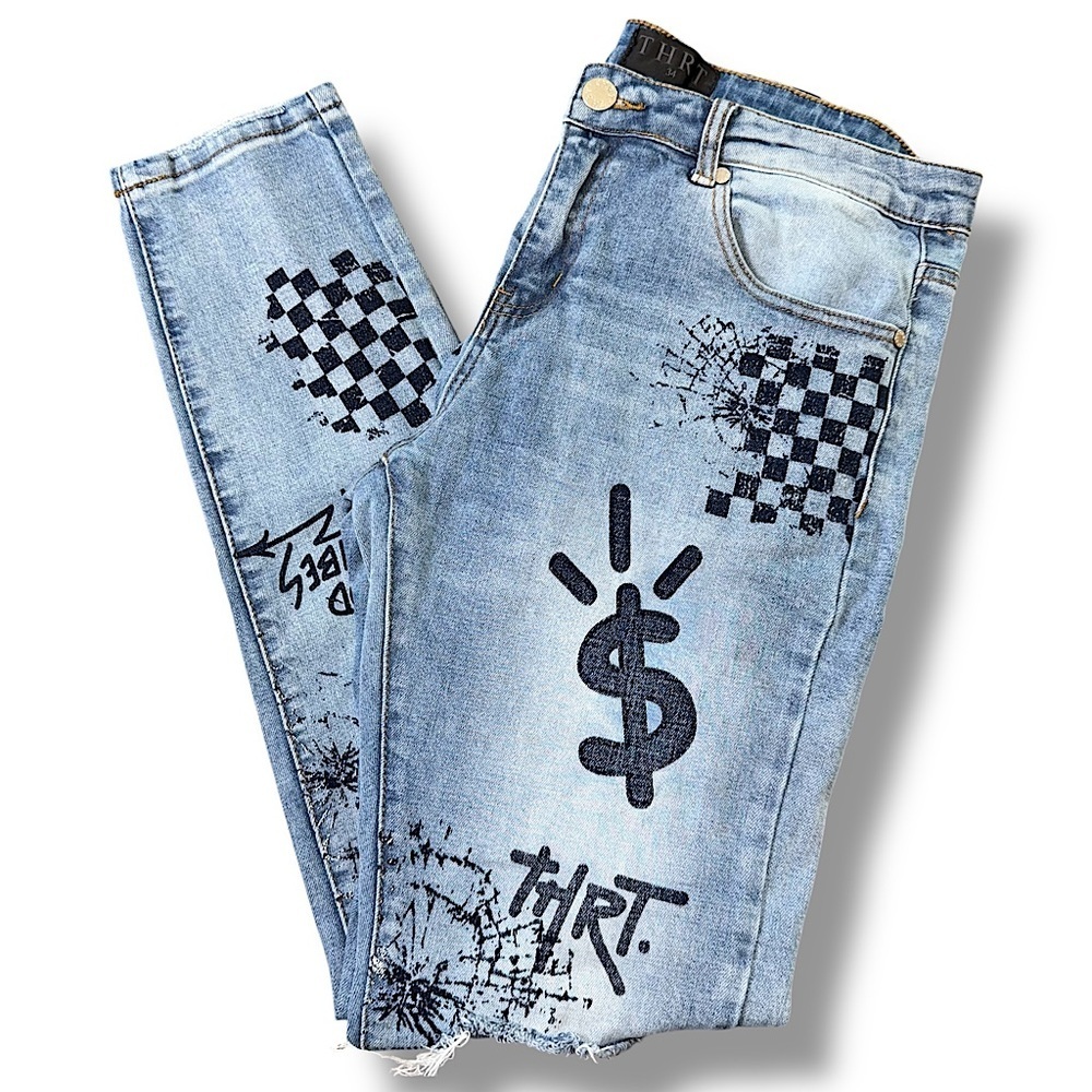 Vintage THRT Denim Light Blue Wash Jean waist 34 Graffiti Splatter Bolts Money